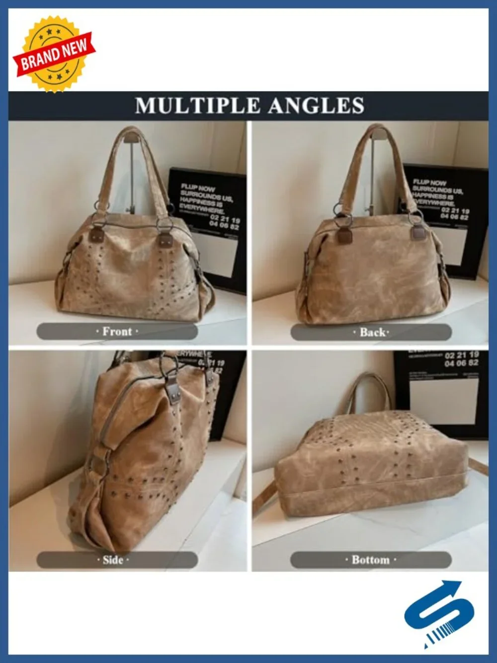 Studded Faux Leather Tote Handbag Top-Handle Hobo Y2K Punk Purse